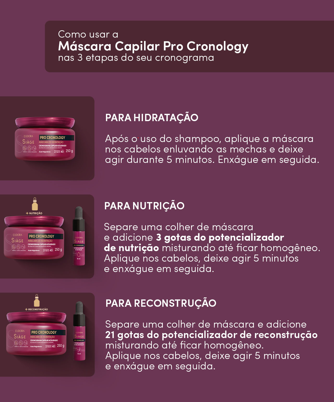 Eudora Siàge Pro Cronology: Shampoo 250ml + Condicionador 200ml + Kit Cronograma Capilar Acelerado